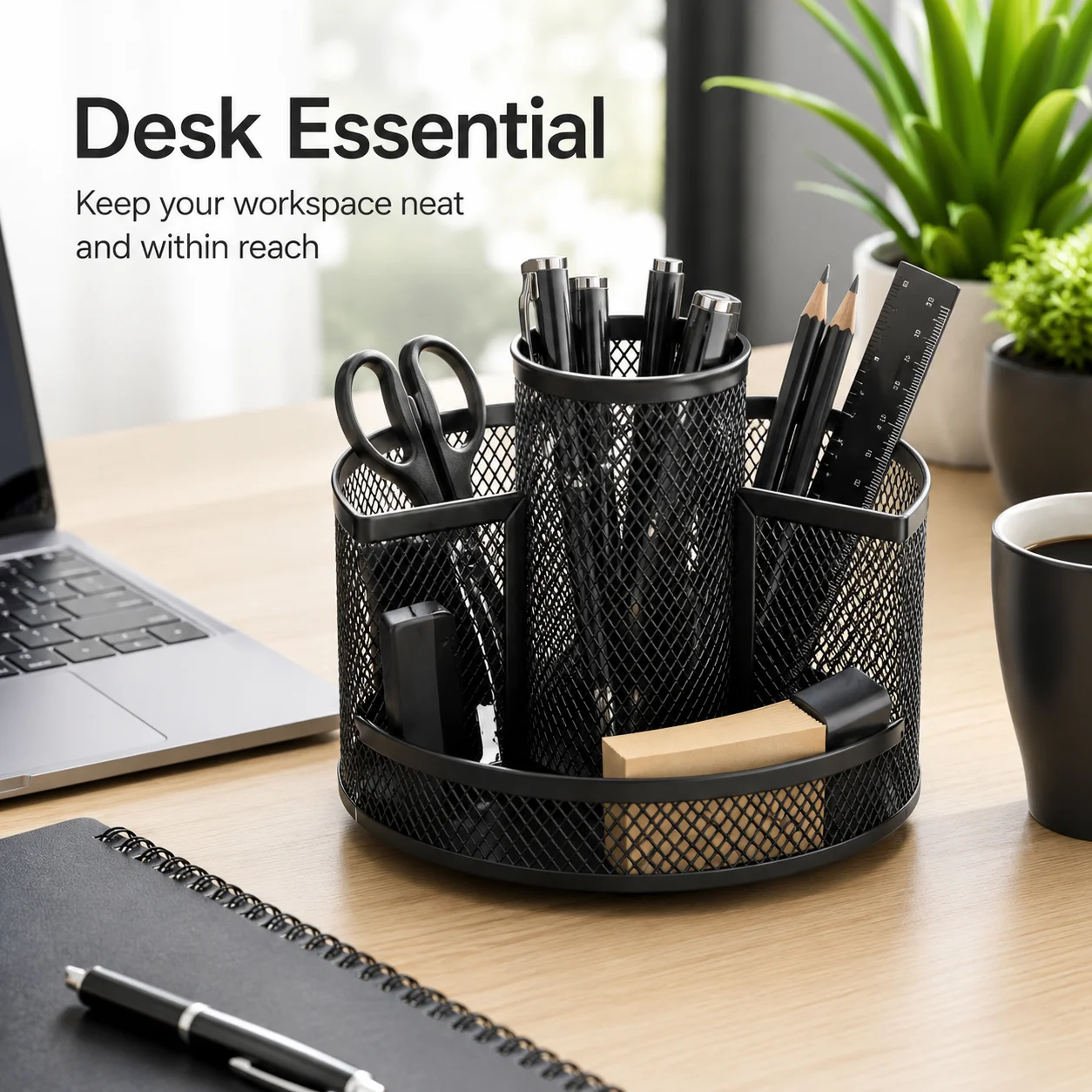360 ° rotating mesh desktop organizer, multi compartment metal pen holder storage box