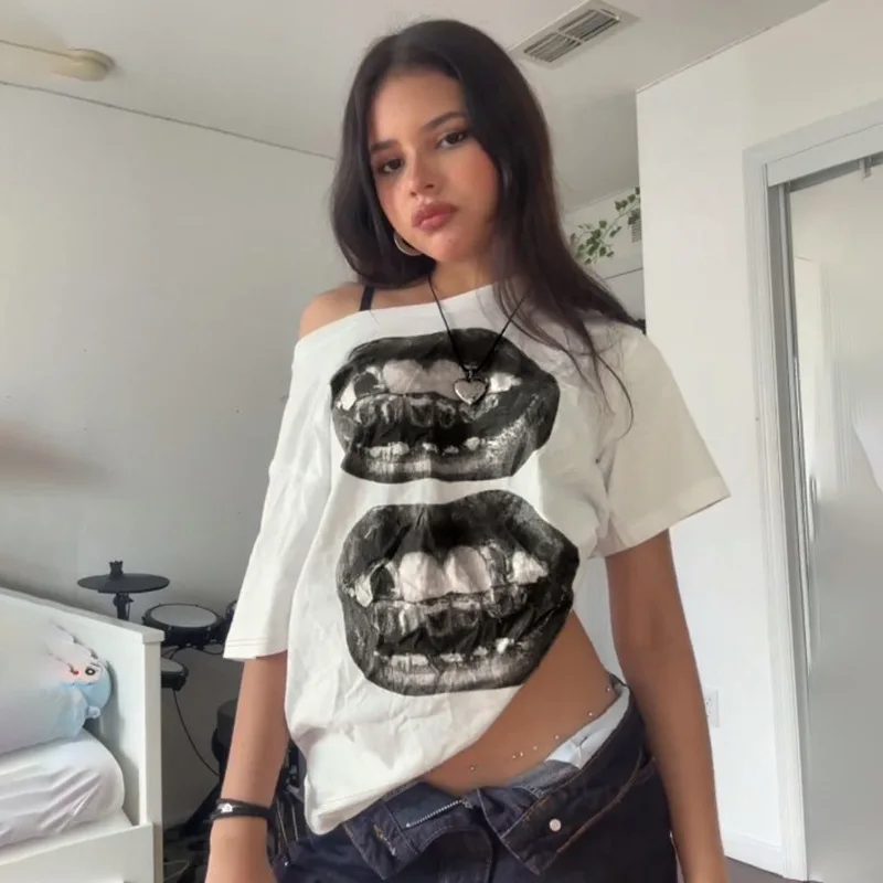 American Street Hip Hop Mouth Print Loose T-shirt Women Personalized Casual Top