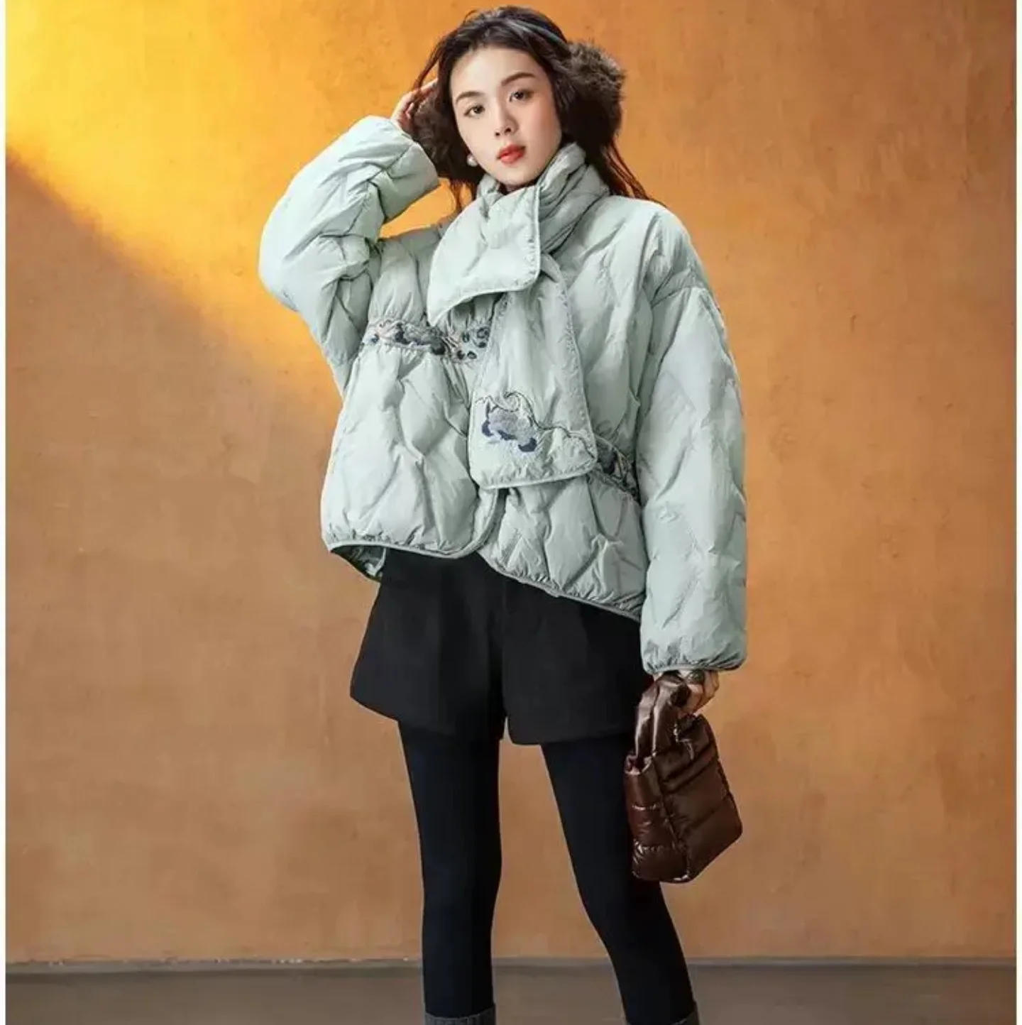 Women's down Jacket Light Green Fashion Short winter jacket with Scarf Retro Embroidery Padded Outerwear