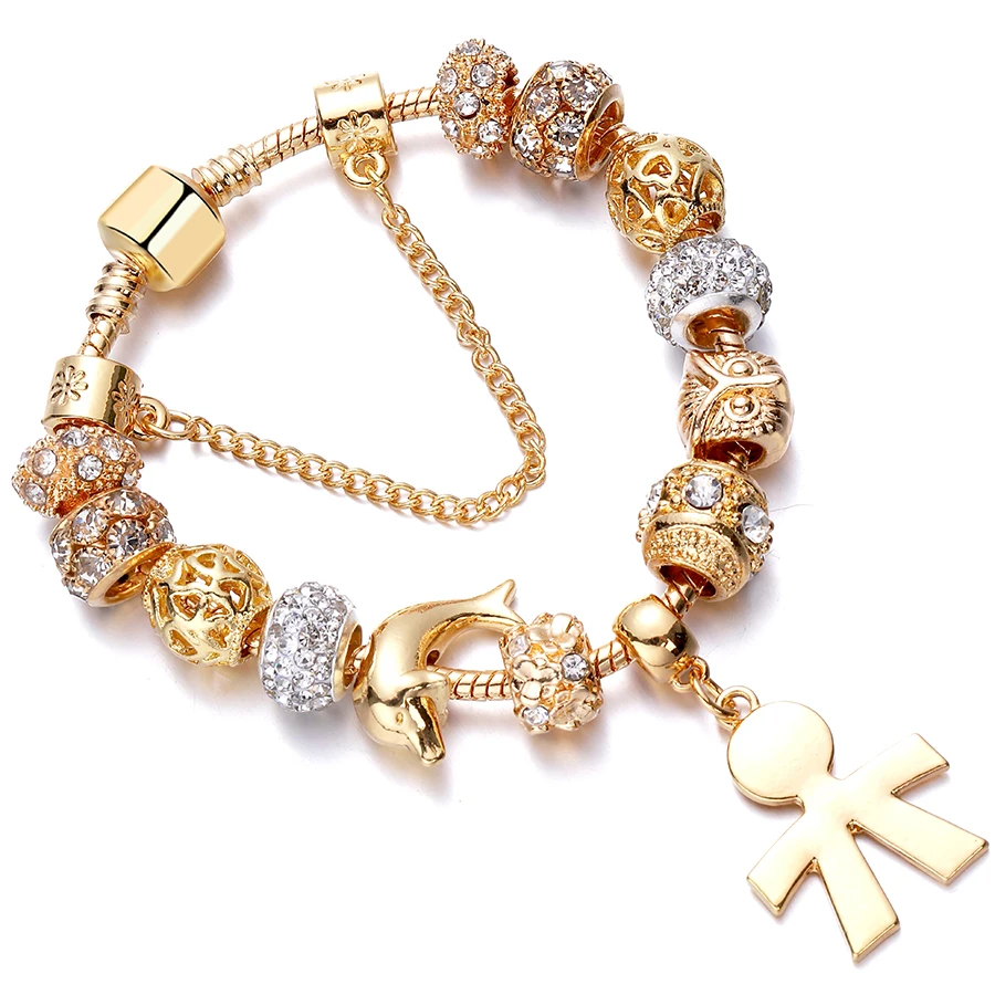 2023 New European Antique  Pink Rhinestone Charms Handmade Bracelet fit Pa Bracelets & Bangles For Women