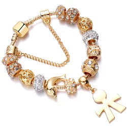 2023 New European Antique  Pink Rhinestone Charms Handmade Bracelet fit Pa Bracelets & Bangles For Women