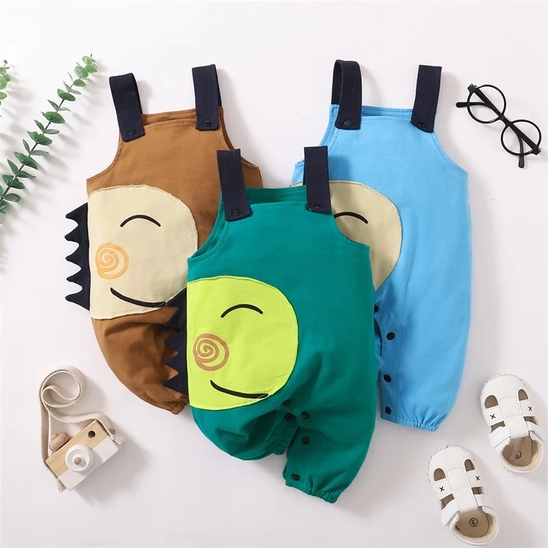 0-18M  Newborn Baby Button Straps Overalls Dinosaur Pattern Adorable Sleeveless Square Neck Casual Jumpsuit for Infant Boy Girl