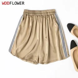 Women Shorts 100% Mulberry Silk 40 Momme Heavy-Weight Champagne Striped Middle Waist Pants Trousers Summer M1175