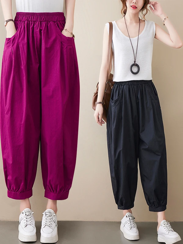 

Свободные широкие брюки-фонарики для женщин, повседневные, укороченные, тонкие, визуально стройнящие, в художественном стиле, для офиса и на каждый день