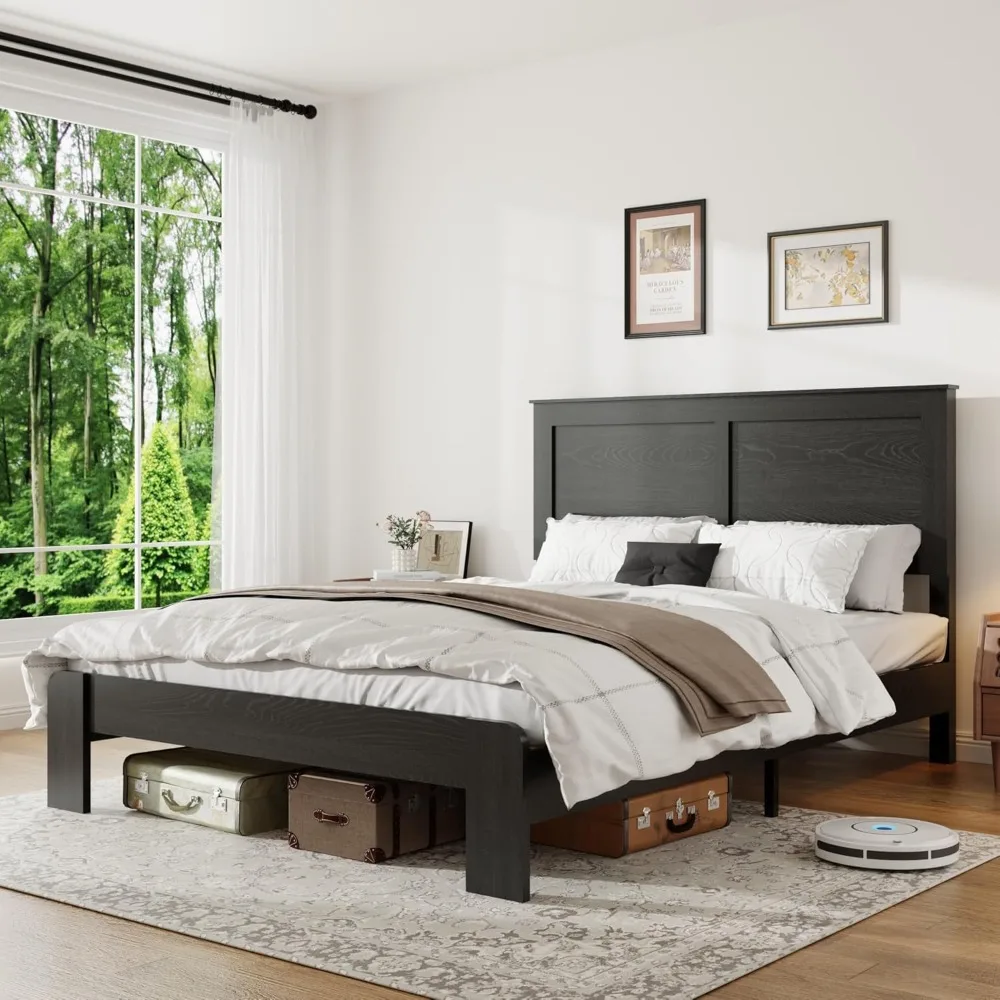 Estrutura de cama de madeira queen size com cabeceira, estrutura de cama de plataforma de fazenda com suporte de ripas de madeira, sem ruído, sem caixa de mola