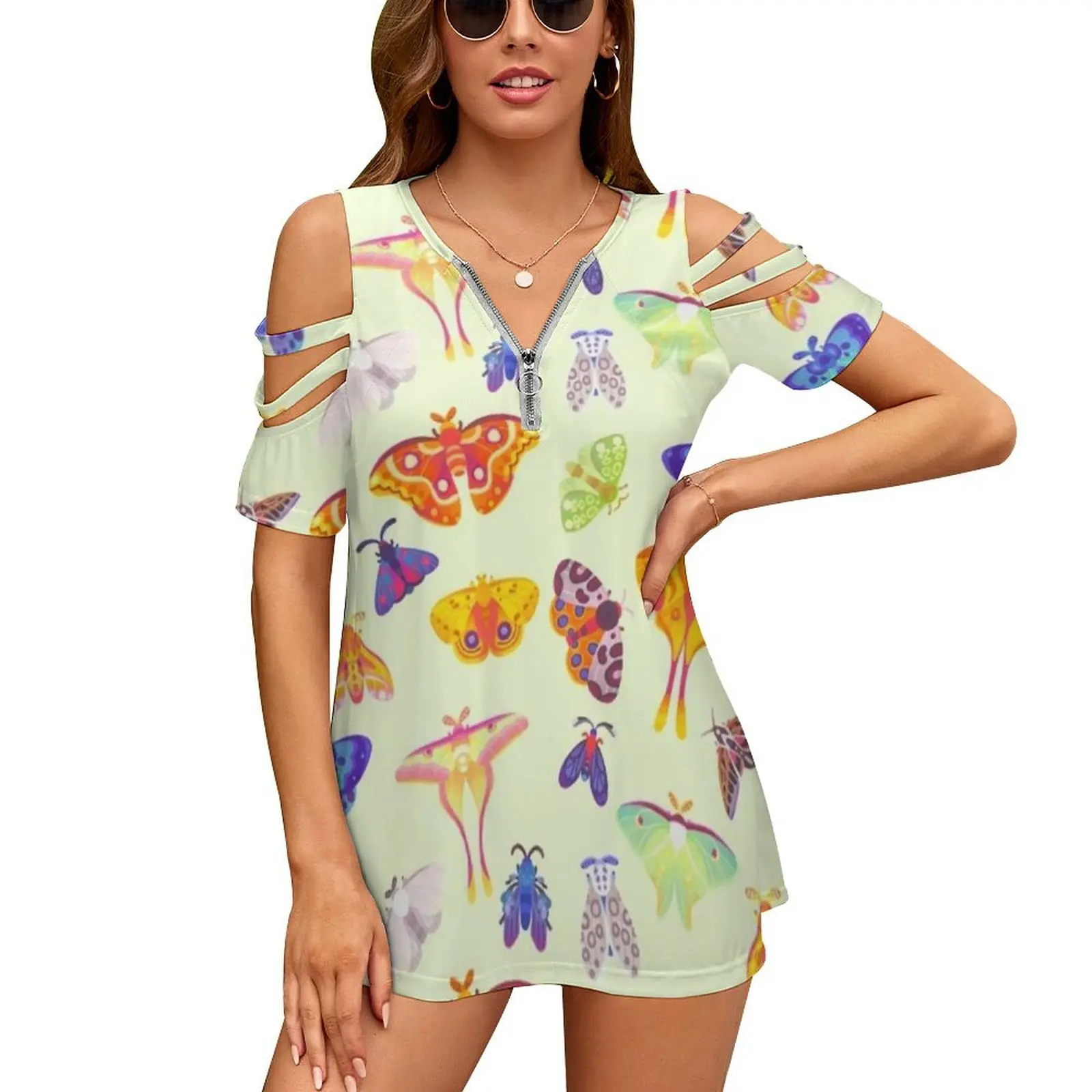 Moth-Pastel Women's T-Shirt New Fashion Printed Zipper V-Neck Short Sleeve T Shirts Casual Plus Size Luna Moth Cottagecore