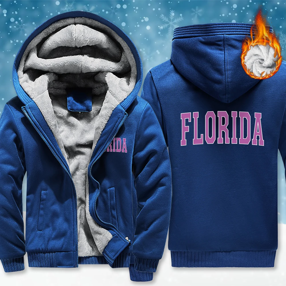 

Florida Pink Letter Print Man Zipper Thicken Coat Winter Fleece Clothing Casual Fashion Hoodies Unisex Loose Retro Long Sleeve