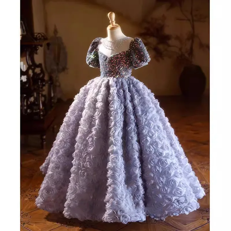 

Children Princess Dress High End Ruffles Young Girls Wear Dresses Puff Sleeves Flower Tulle Elegant Boutique Kids Clothing