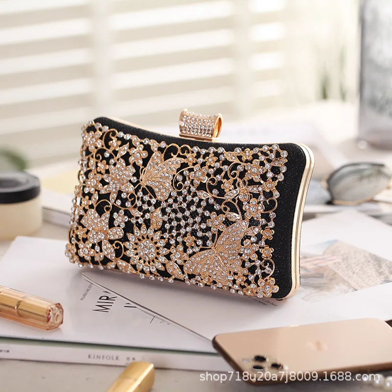 

Hollow Out Style Rhinestones Golden Metal Banquet Christmas Gift Dress Purse Clutch Luxury Metal Rhinestones Evening Bags Flap