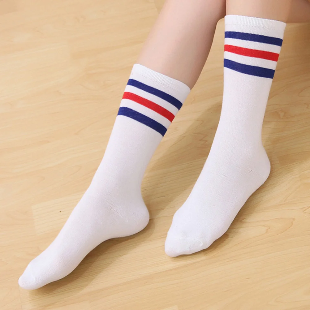 

Pair of Long Socks with 3 Bars Stockings Breathable Cotton Long Socks for Size S (White) Cotton Socks