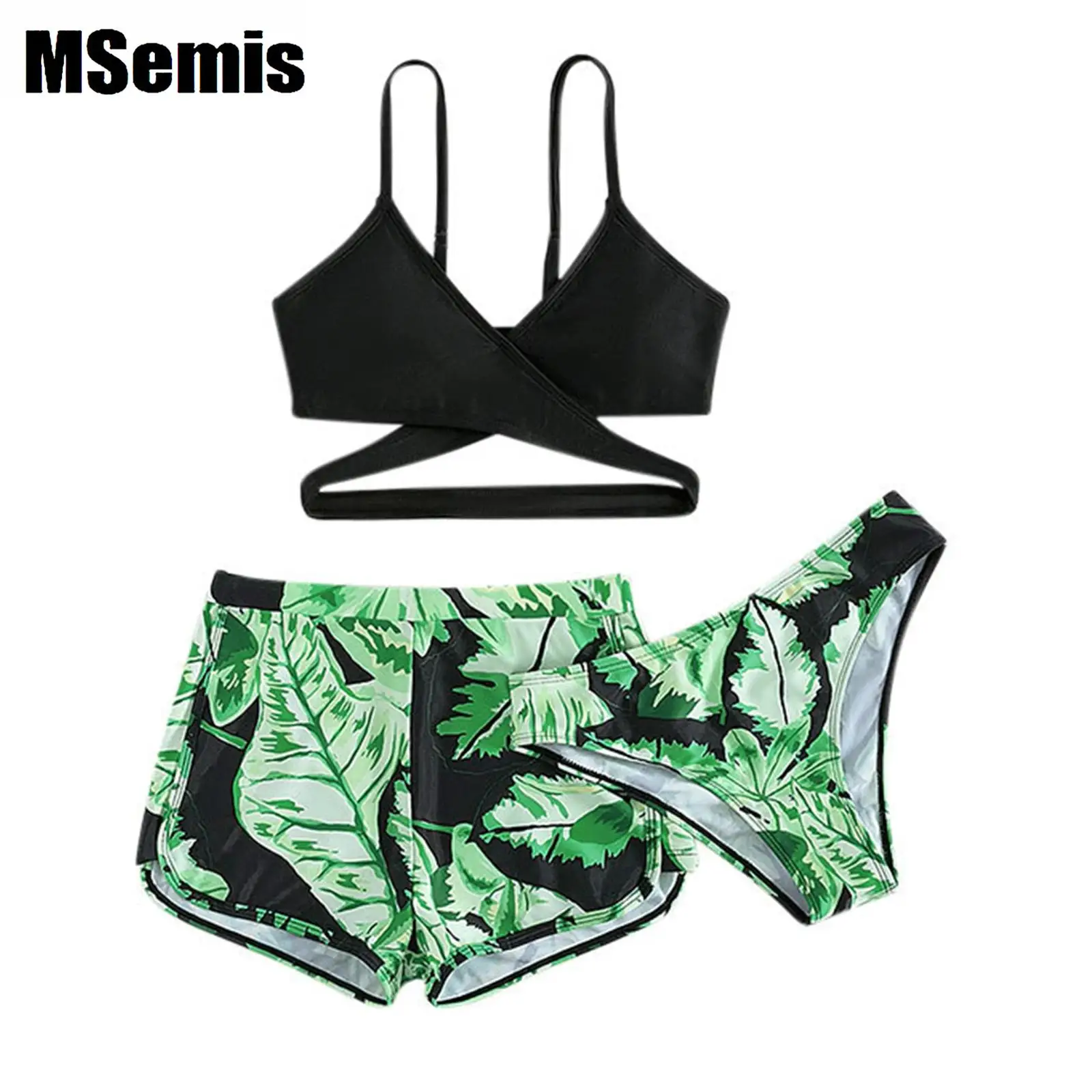 

Printed Swimwear for Girls Tropical Swimsuit Adjustable Shoulder Straps Bikini Tops with Swim Briefs And Shorts Bathing Suit