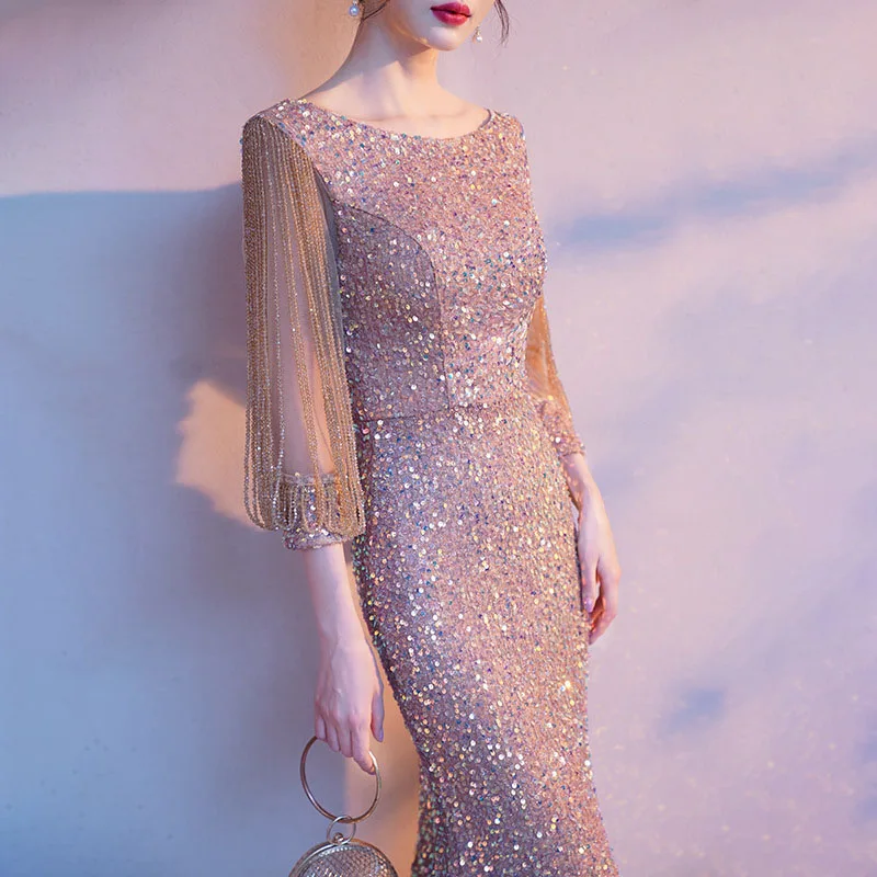 Robe de Soirée de Forme Sirène à Paillettes pour Femme, Tenue Élégante à Fermeture Éclair, Manches Mi-sulf, pour Cocktail, Bal de Promo, 2023