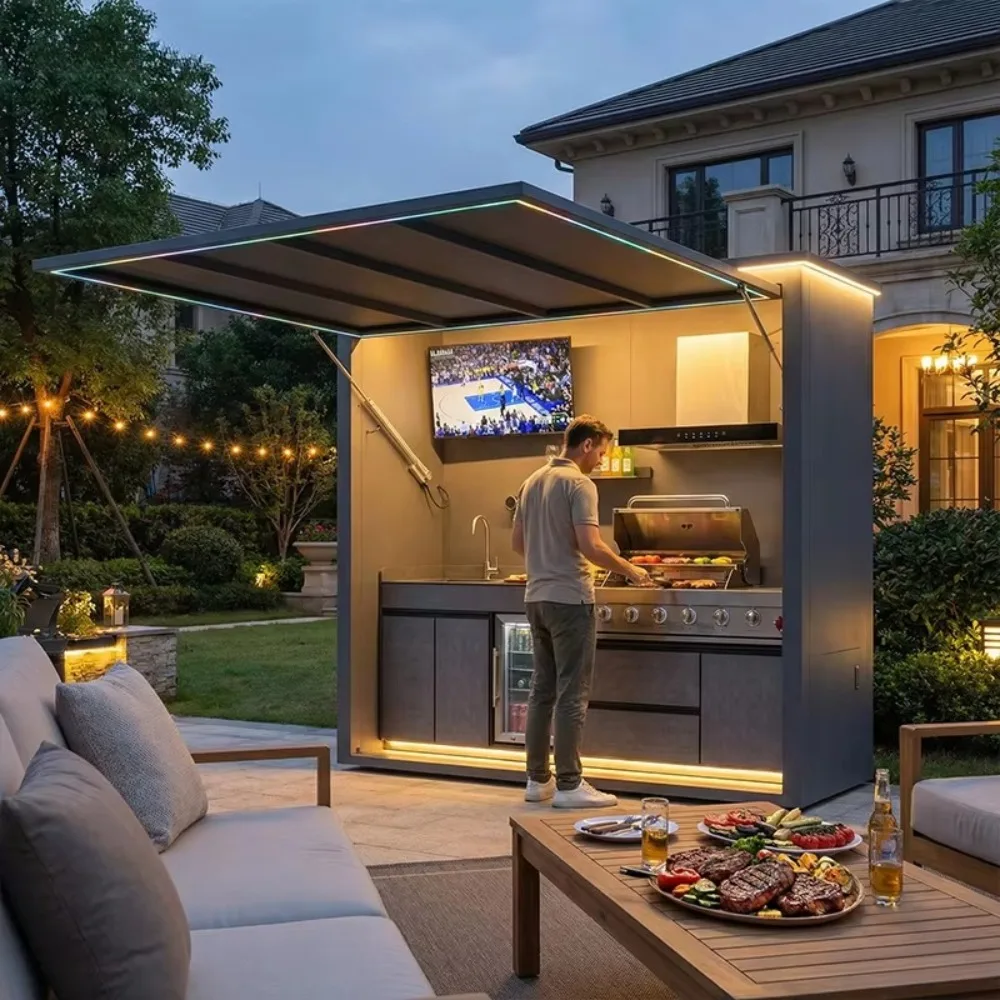 One Stop Aluminum Outdoor BBQ Kitchen Custom, with Refrigerator Sink Storage Cabinet Retractable Door, for Garden Patio Backyard