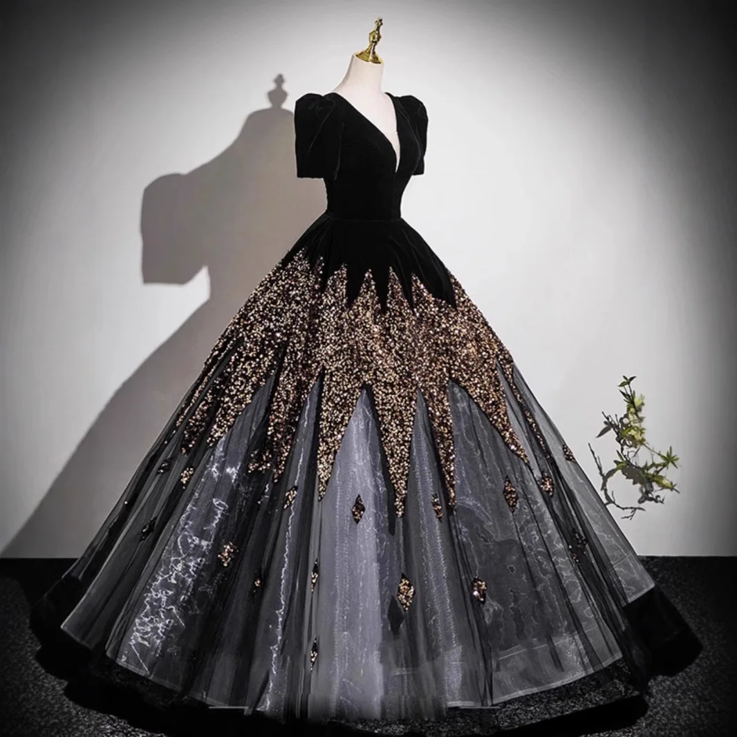 Black evening dress, high-end sequins, student art exam vocal solo performance hosting Pengpeng princess skirt