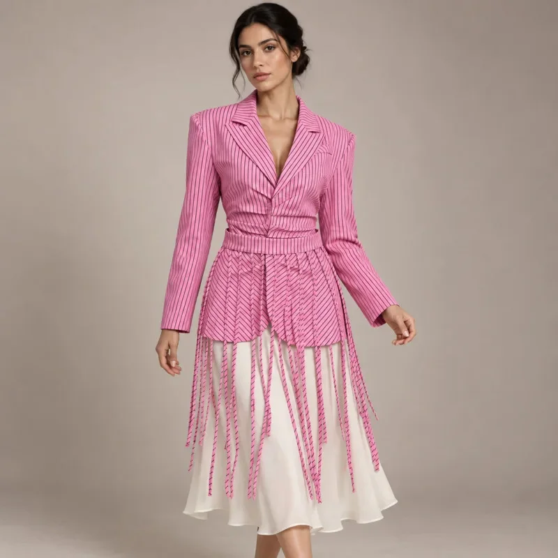 Women Striped Blazer Tassel Fringe Slim Fit V Neck Long Sleeve Suit Jacket Elegant Office Lady Spring Autumn Outerwear Top