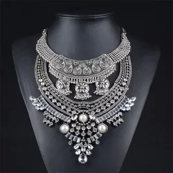 2025 New Indian Silver Plated Vintage Statement Necklace Earrings Women Jewelry Sets Boho Ethnic Retro Big Bib Chunky Necklace
