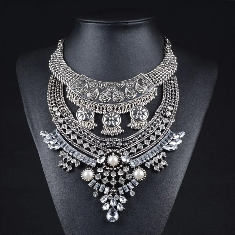 2024 New Indian Silver Plated Vintage Statement Necklace Earrings Women Jewelry Sets Boho Ethnic Retro Big Bib Chunky Necklace