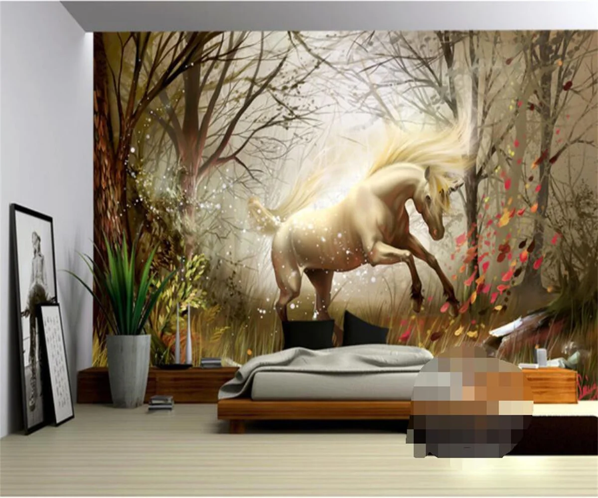 

Custom home background wall 3d wallpaper hand painted oil painting horse forest unicorn photo 3d wallpaper papier peint