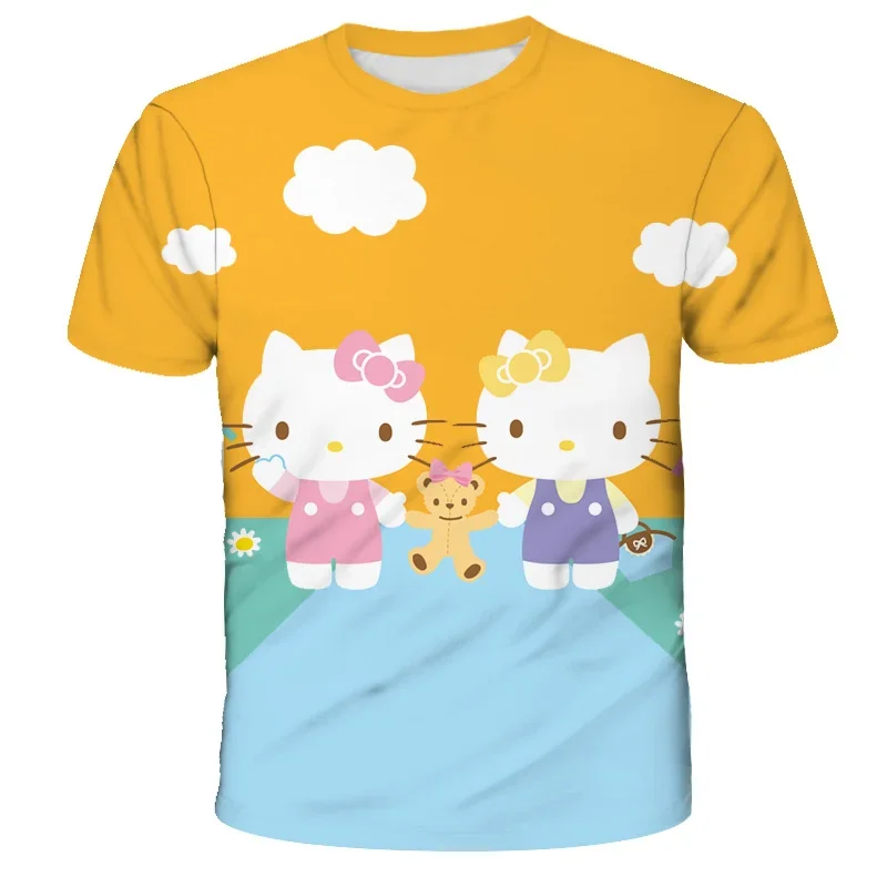 MINISO Boys Girl T-shirts Hello Kitty Ladies T-shirts 3D Print New Short Sleeve Fashion Ladies T-shirts Oversized Women Clothing