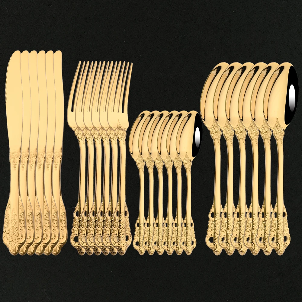 

6People Vintage Western Gold Cutlery Dining Knives Forks Teaspoons Set Golden Luxury Dinnerware Engraving Tableware Utensils Set