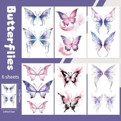 6pcs Gradient Blue and Purple Butterfly Arm and Hand Back Waterproof Temporary Tattoo, Long-Lasting Waterproof, Fake Tattoo