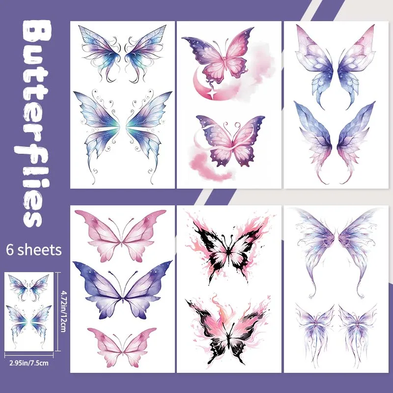 6pcs Gradient Blue and Purple Butterfly Arm and Hand Back Waterproof Temporary Tattoo, Long-Lasting Waterproof, Fake Tattoo