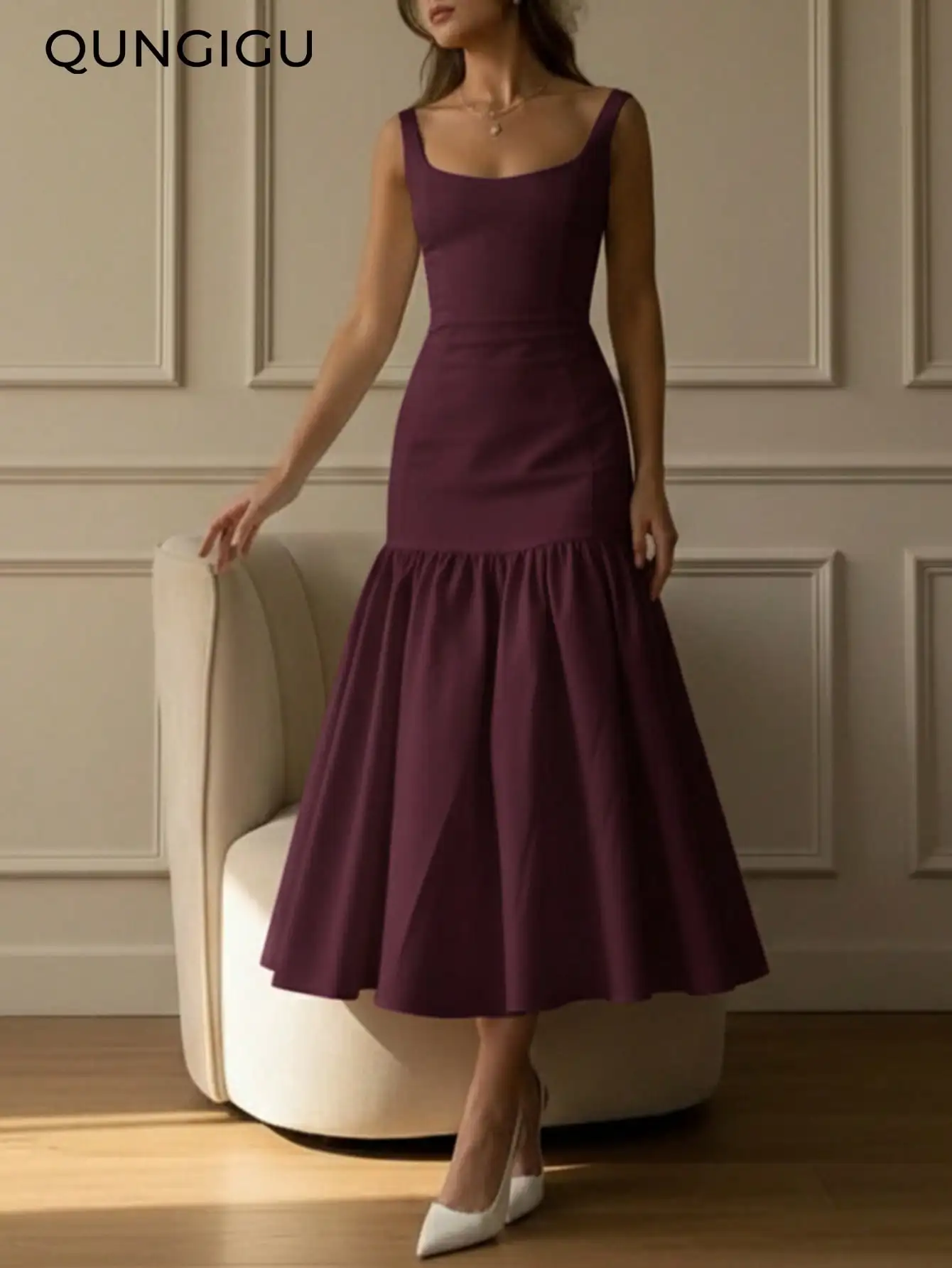 

Women Sleeveless Square Neck Fishtail Mermaid Midi Dress For Party Formal Occasion