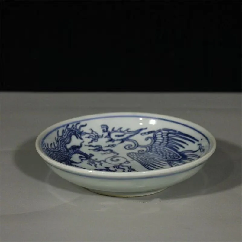 Exquisite Chinese blue and white porcelain Dragon & phoenix pattern small plate modern handicrafts