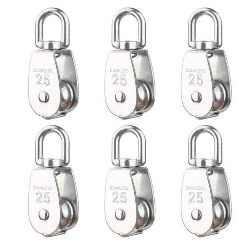 AT44-6 Pack M25 Lifting Single Pulley Roller,304 Stainless Steel Single Wheel Swivel Lifting Rope Pulley Block For Wire Rope