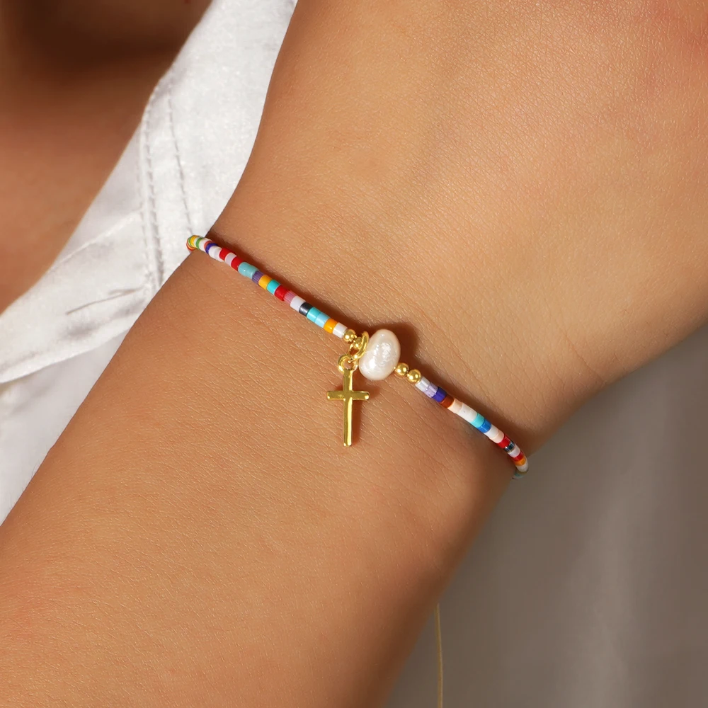 سوار من الخرز النحاسي البوهيمي للرجال والنساء ، لؤلؤ الشاطئ ، لؤلؤ المياه العذبة ، حبات الأرز ، هدية مجوهرات جميلة ، الصيف ، 1 * *