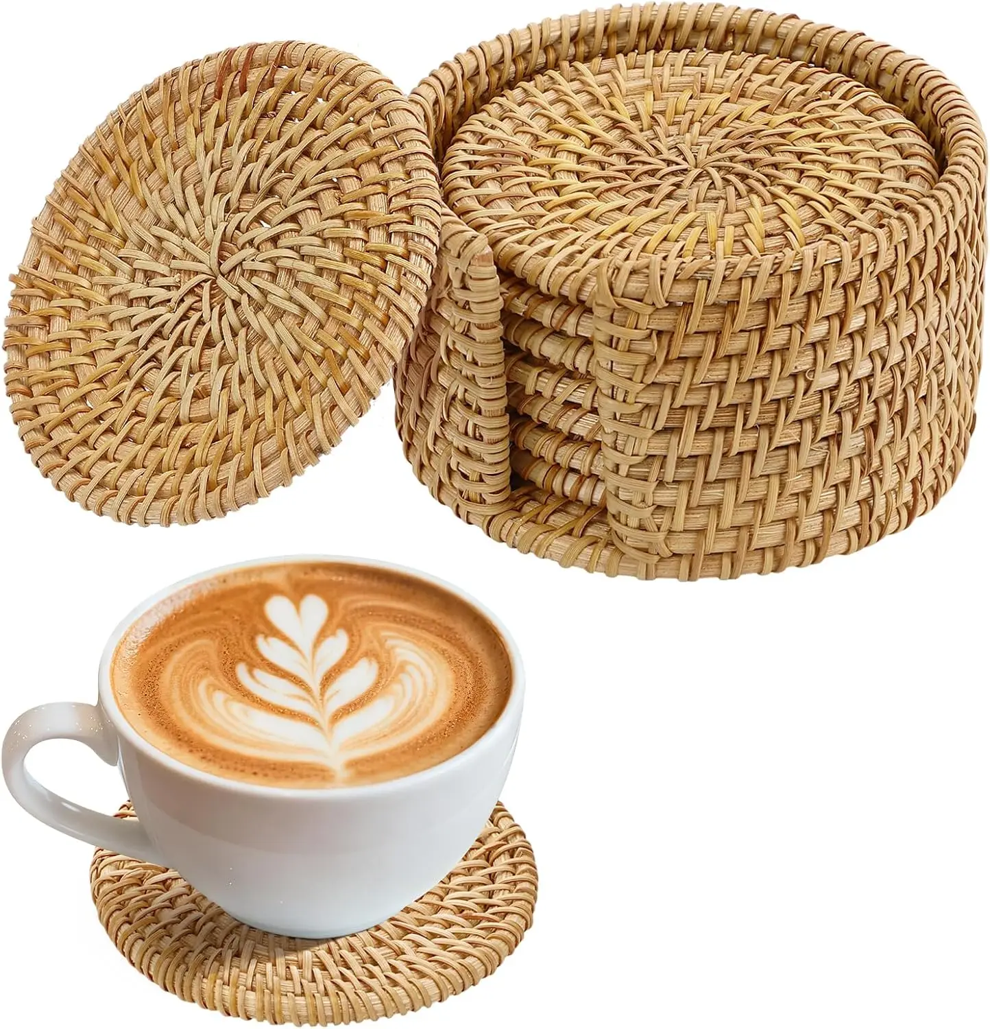 6-piece natural handcrafted rattan coasters and trays set - Rattan set of drink coaster pads for protecting the tabletop