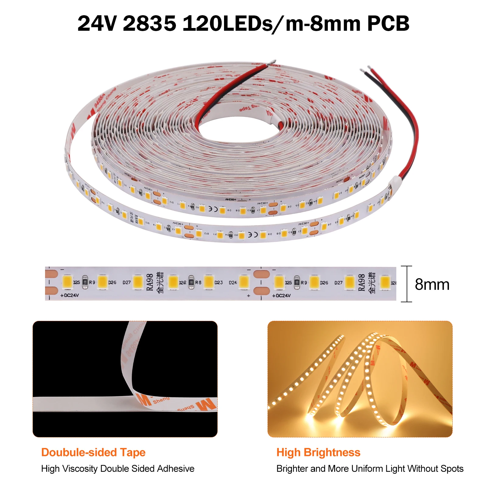 5m 10m LED-Streifenlichter 24V 2835 120/180/240LEDs/m RA98 5mm 8mm 10mm LED-Band 2700K 3000K 3500K 4000K 5000K 6000K Flexibles Klebeband