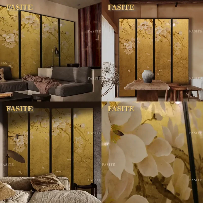 For Screen Hotel Living Room Bedroom Mural Hand Painted Lacquer Painting Folding Screen Broken Gold Leaf Magnolia