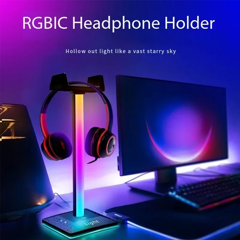 Headset Stand Black Portable Atmosphere Lamp Rgb Multifunctional Office Accessories Desk Universal Earphone Rack Hanger Plastic