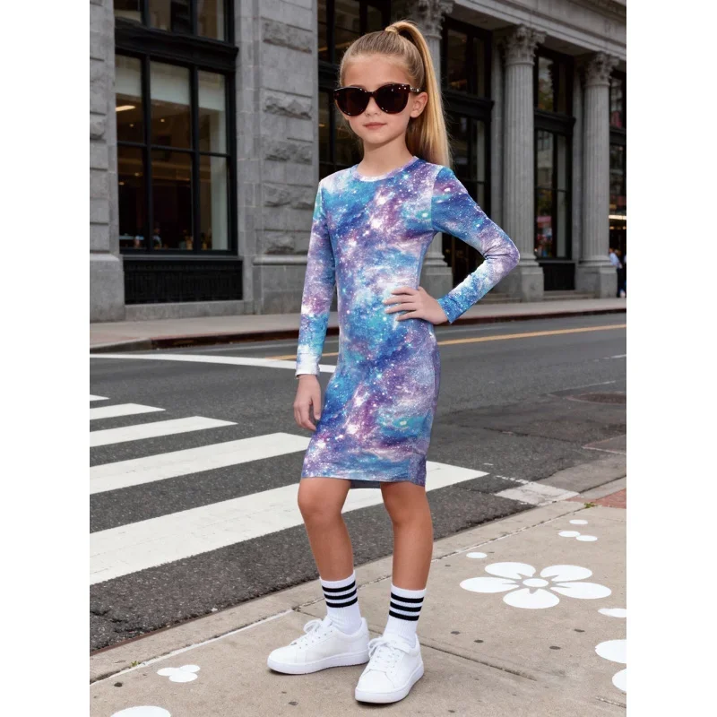 2026 Girls' Starry Sky Printed Long-Sleeved Dress Galaxy Pattern Slim Mid-Length Children's Fashion Dress