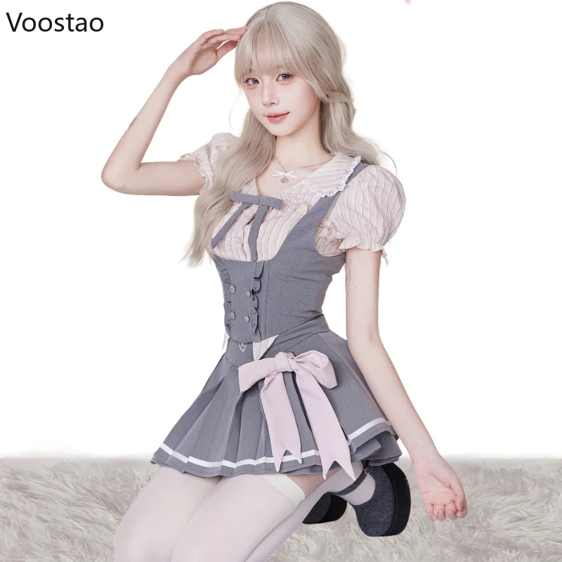 Japanese Kawaii Lolita Style Skirt Set Women Preppy Style Puff Sleeve Striped Shirt Vest Mini Pleated Skirts Suit Sweet Uniform