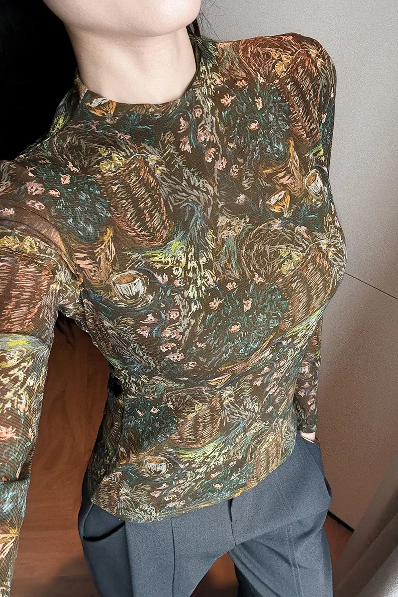 Y2K Top da donna alla moda con collo alto stampato a maniche lunghe in rete ad alta elasticità autunno inverno