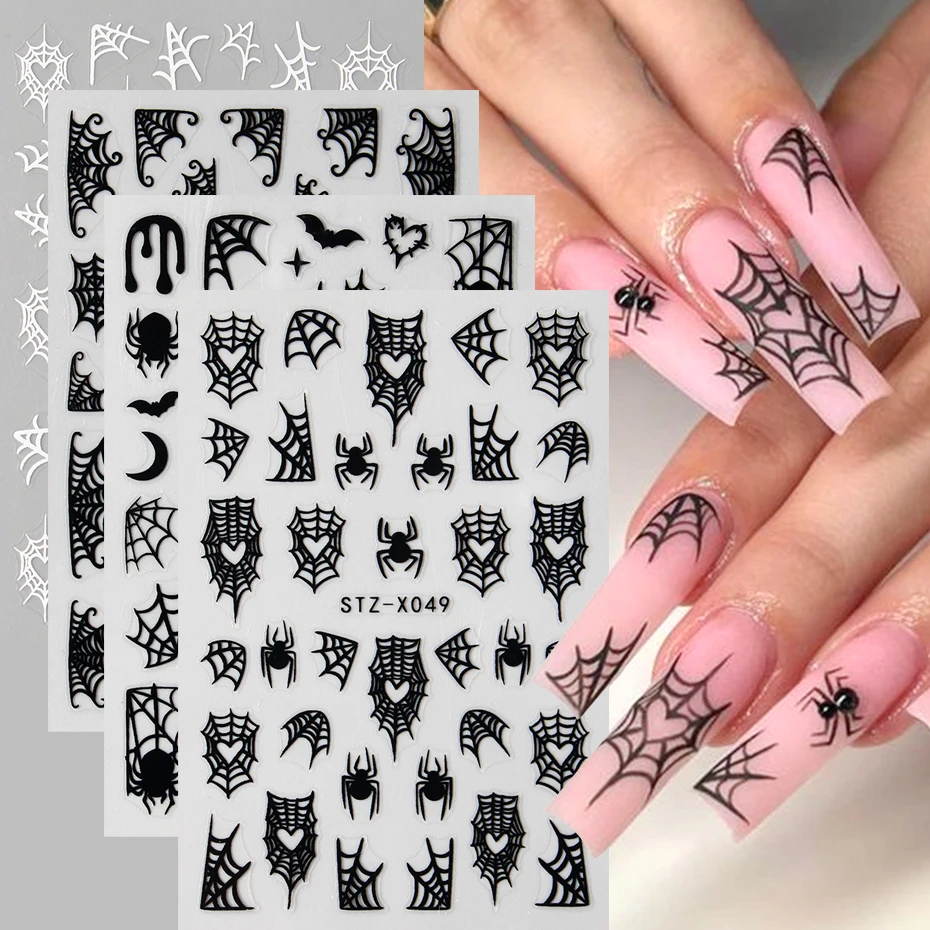 2 or 4pcs Halloween Nail Art Stickers Heart Spider Webs Designs Bat Moon Star Sliders Self-Adhesive Decals For Festive Manicure