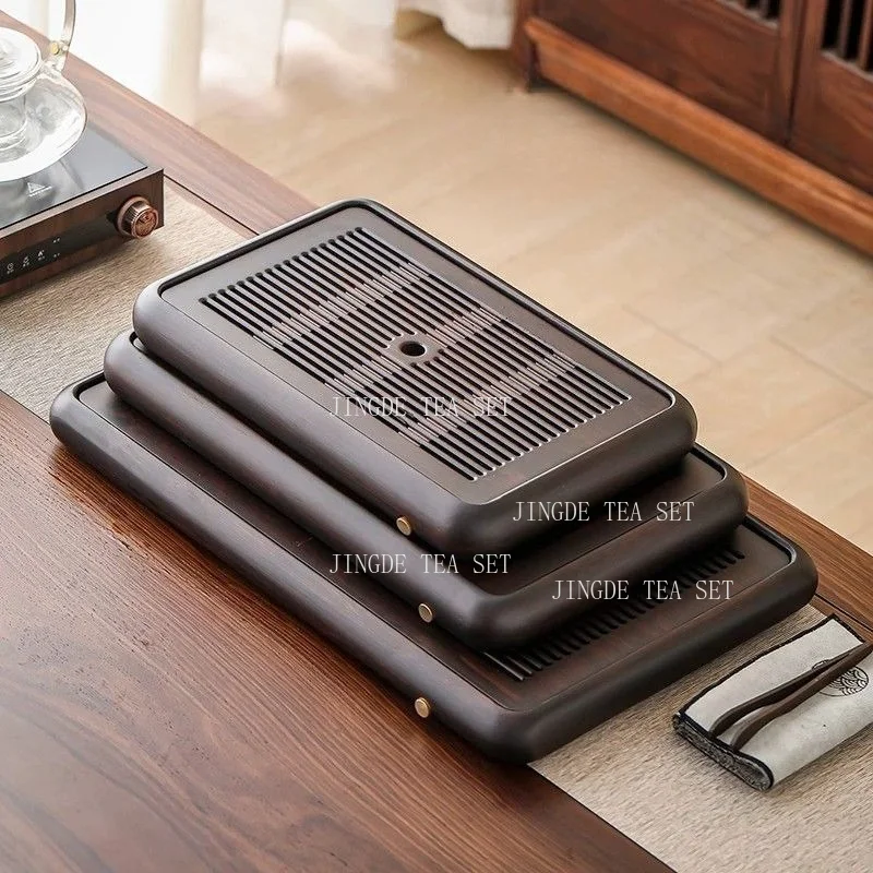 Retro Dark Solid Wood Tea Tray Detachable Hidden Water Storage Base Linear Slit Drainage Surface Large Capacity Tea Trays