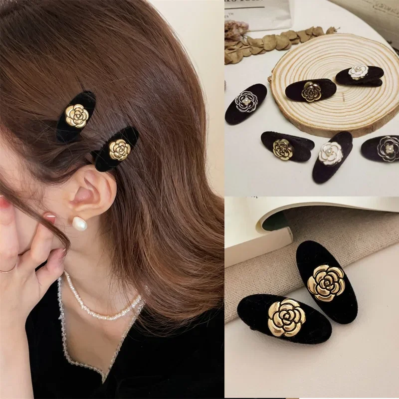 Vintage Camellia Mini Clips French Flocking Small Side Hair Clip Plant Flowers Hairpins Headwear Korean Girl Hair Accessories