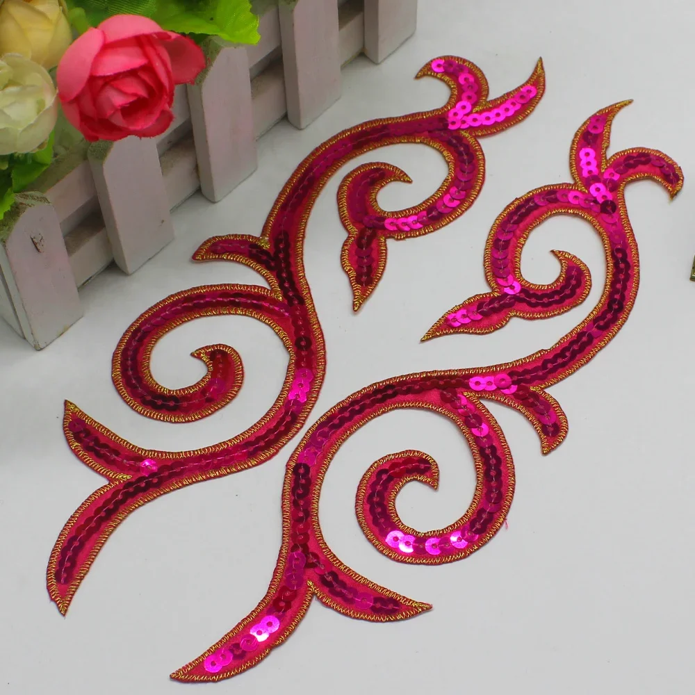 1 Pair Sequined Flower Appliques Iron On Gold Embroidery Patches Mirror Pair Paillette Multicolor Flower Trims 23*6cm