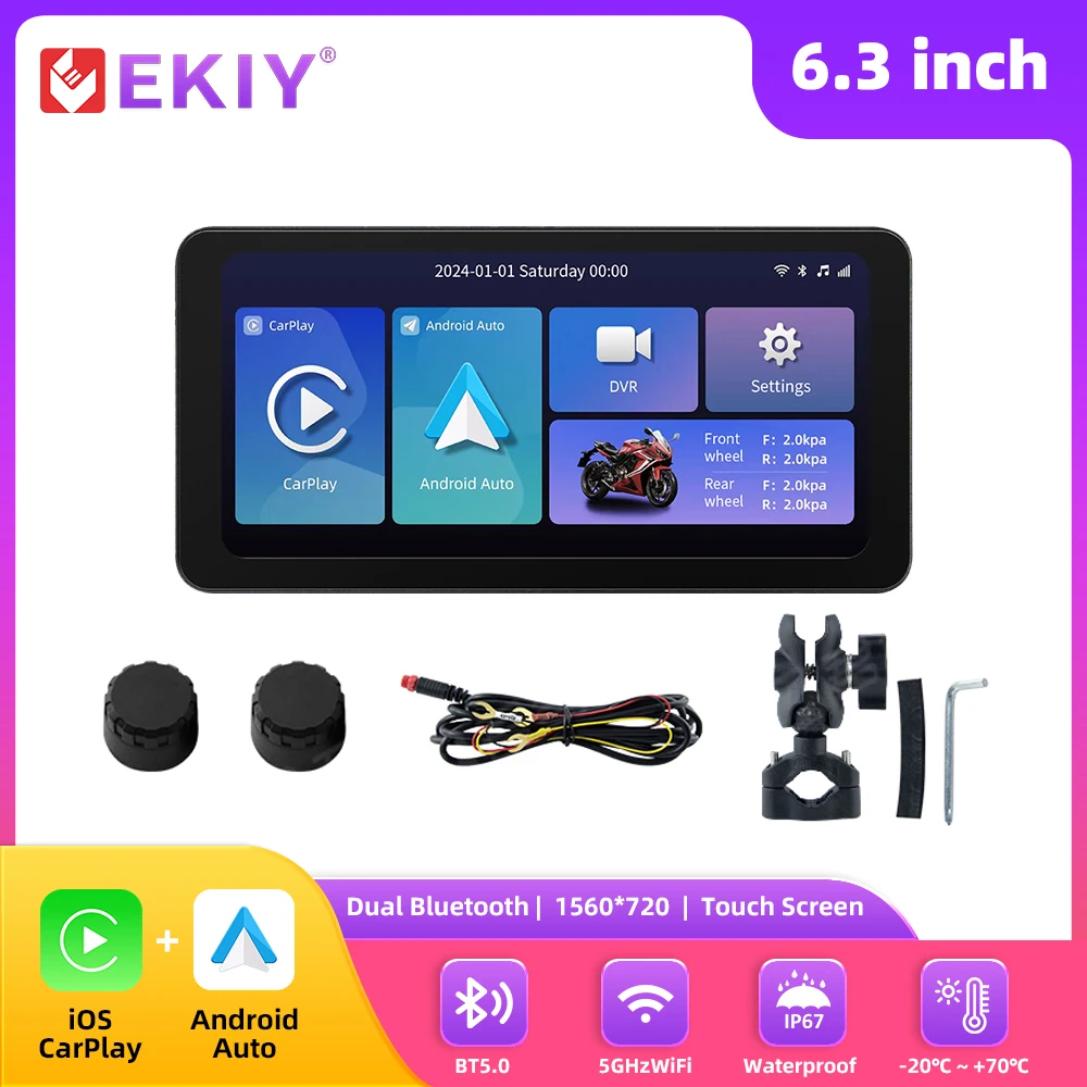 EKIY 6.3Inch Navigasi Motor Carplay IP67 Tahan Air Perekam Perjalanan Monitor Motor Wireless Carplay Android Auto GPS Motor