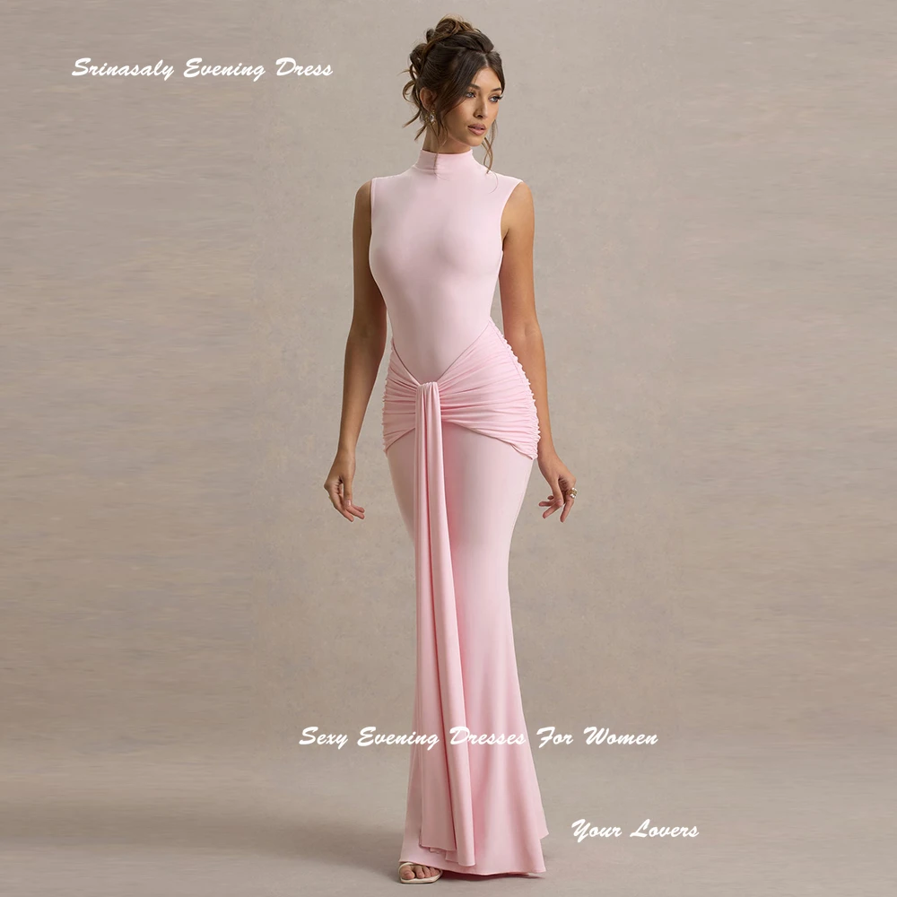 كريب فساتين السهرة الوردية المخصصة س الرقبة كوكتيل حزب العباءات مع عقدة مستقيم مطوي بلا أكمام فستان الحفلة الراقصة Ruched