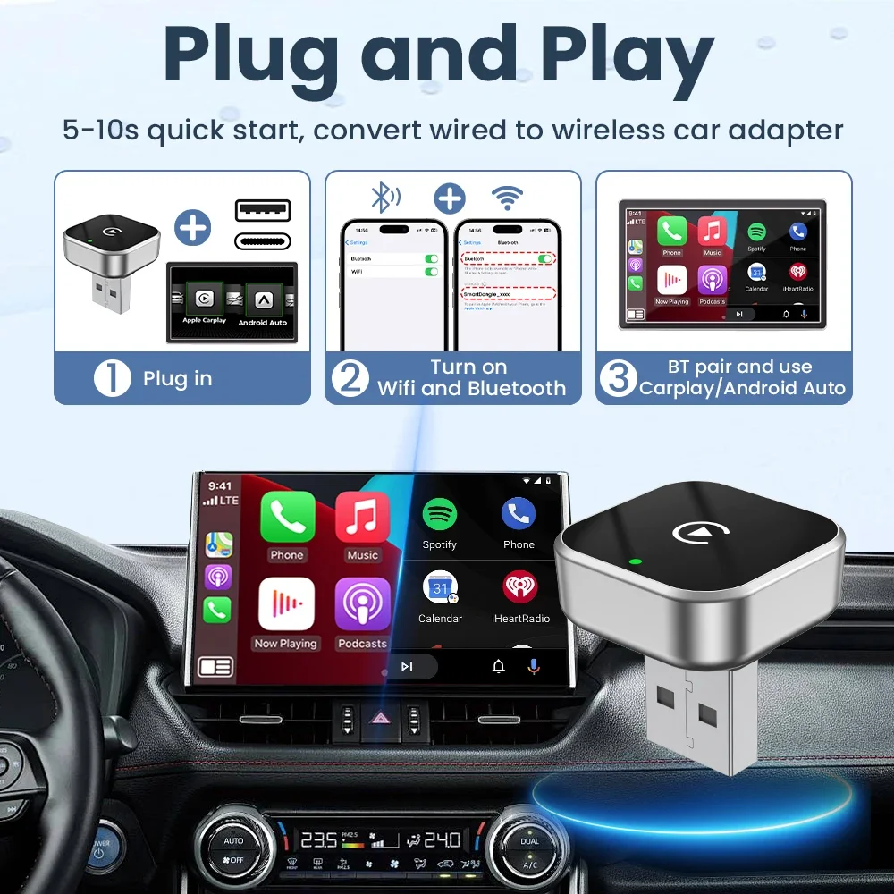 PLAYAIBOX inalámbrico 2 en 1 CarPlay Android Auto inalámbrico Supermini Box adaptador Plug And Play Dongle Bluetooth WiFi conexi