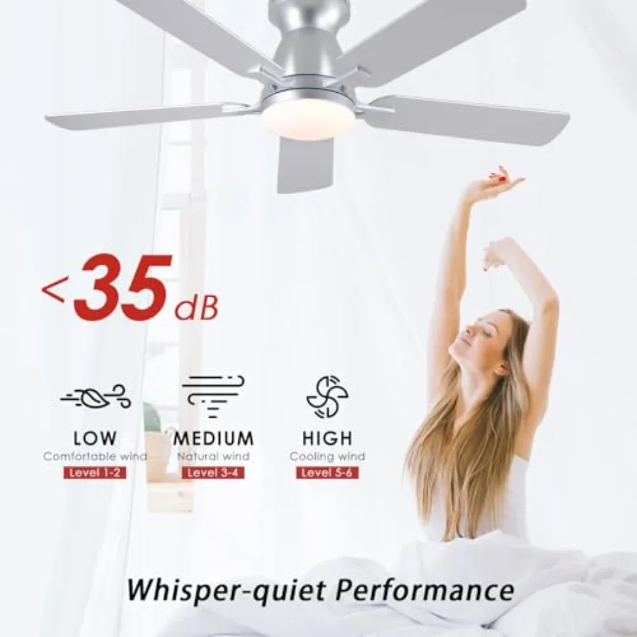 Bedroom living room ceiling fan with light, silver metal, quiet DC motor, reversible, dimmable LED, 46-inch flush mount low pro