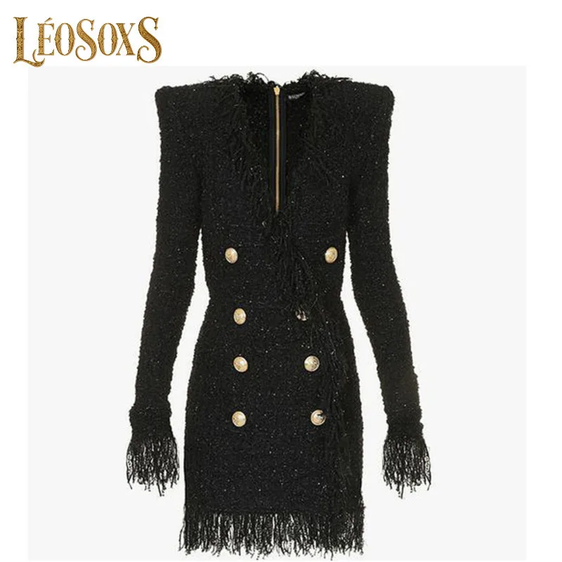 

LEOSOXS Тонкие платья с кисточками и V-образным вырезом, голова льва, золотая пуговица, модные короткие юбки на молнии сзади, черные твидовые платья, осень 2023 г.
