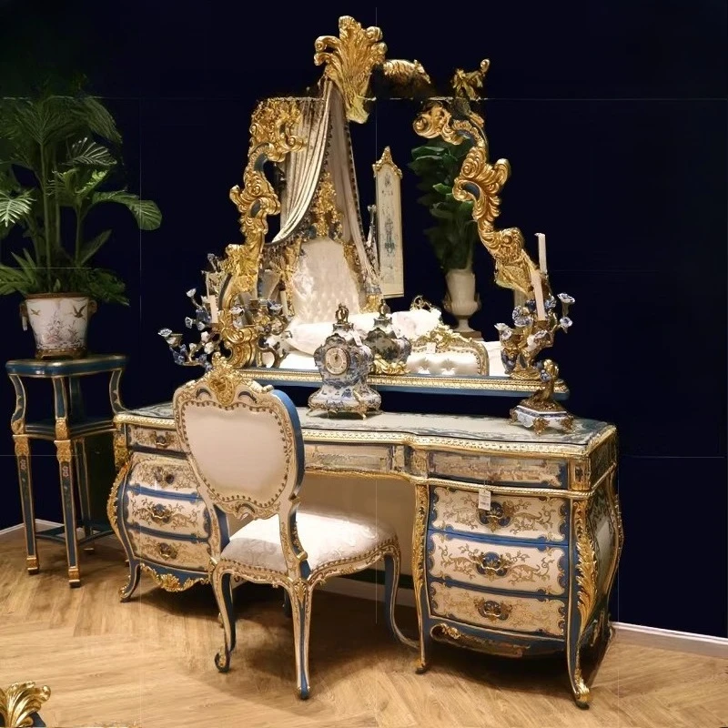Wood carving flower dresser European-style villa painted dressing mirror luxury makeup table high-end