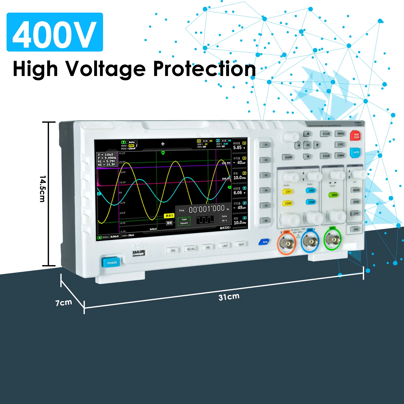 1014D Digital Oscilloscope- 2-Channel, 7-Inch Display, 100 MHz Bandwidth, DDS Signal Generator, 1GSa/s Sample Rate, 240 kbit