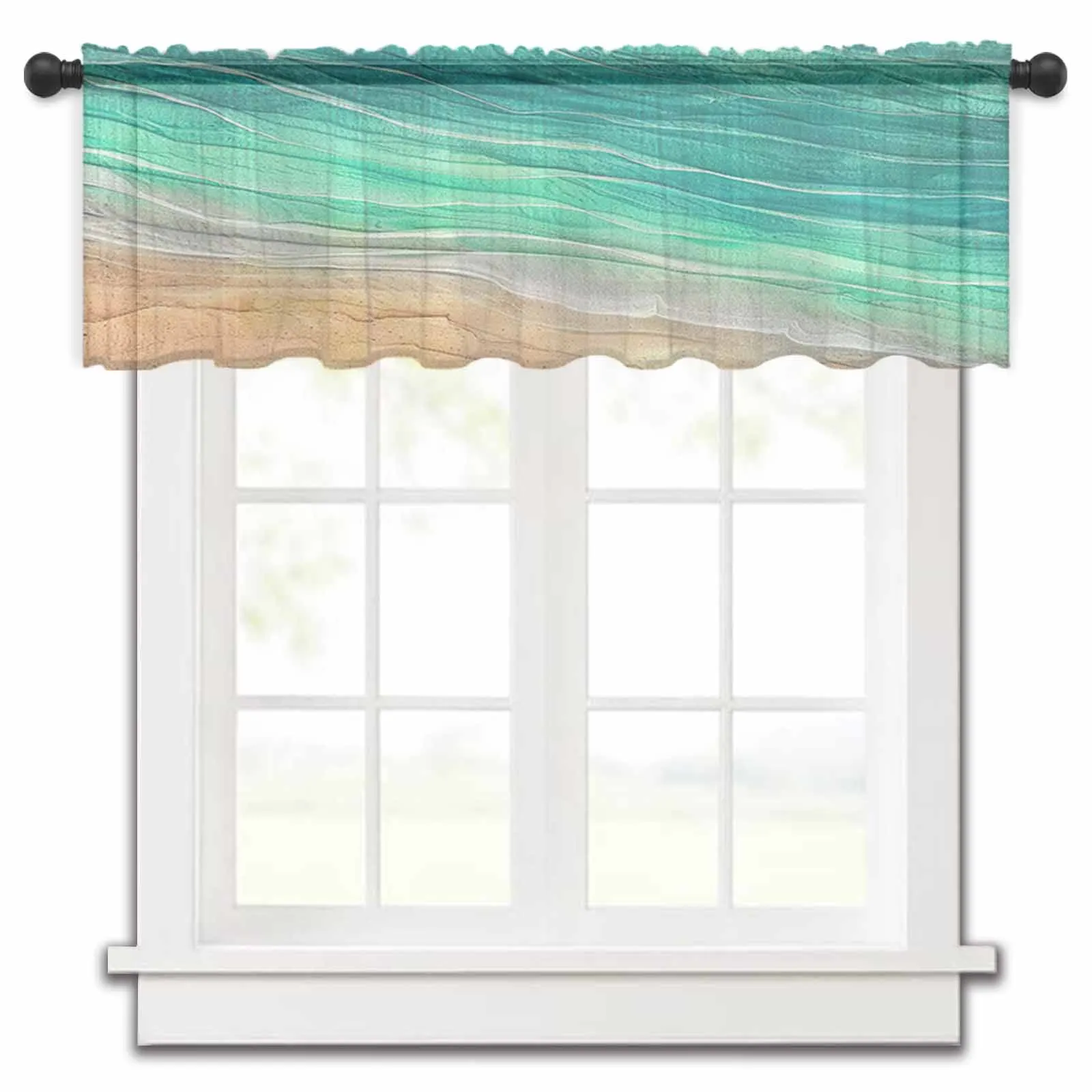 Ocean Waves Beach Waves Green Gradient Kitchen Small Window Curtain Tulle Sheer Short Curtain Living Room Voile Drapes