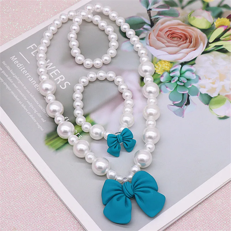 Children's Cute Bow Pearl Necklace Bracelet Earrings Set